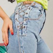 Load image into Gallery viewer, Wholesale 3 Pack: Callie Chained at the Hip: Silver Laced Light Blue Stretch Denim Wide Leg Jeans
