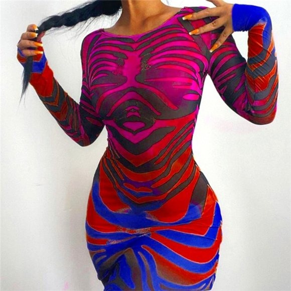 Wholesale 3 Pack: Stasia Wild: Tiger Mesh Long Sleeve Red Purple Ombre Dress