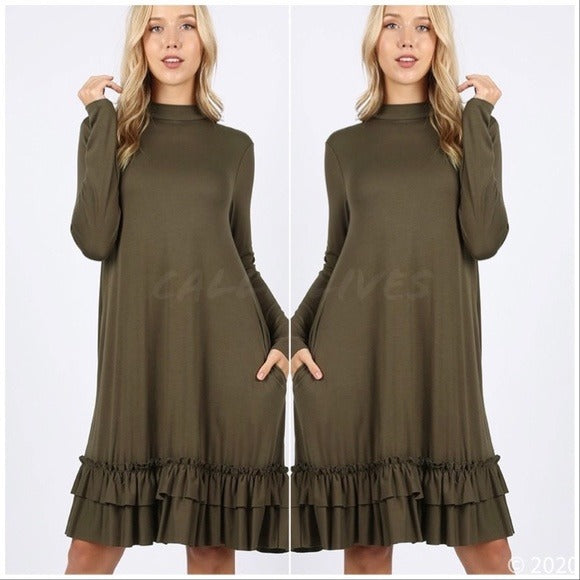Wholesale 2 Pack: Elaine Ruffles: Green Mock Neck Pockets Dress