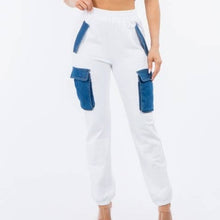 Load image into Gallery viewer, Wholesale Callie Cargo: Mixed Media Denim &amp; Cotton White Jogger Pants
