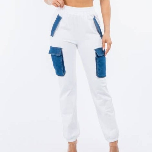 Wholesale 2 Pack: Callie Cargo: Mixed Media Denim & Cotton White Jogger Pants