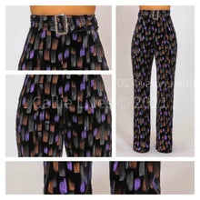 Load image into Gallery viewer, Wholesale 2 Pack: Callie Splash: Purple Gold Painted Velour High Waist Boot Cut Belted Slacks
