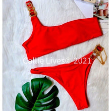 Load image into Gallery viewer, Xena Red Ruby Bling Gold Chain One Shoulder Bikini LARGE
