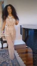 Load and play video in Gallery viewer, Callie Ruffled in the Nude: Sheer Mesh Strapless Crop Top Bodycon Pant Set M
