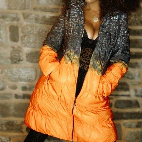 Miz Winter Puffer: Dotted Ombre Orange Drawstring Collar Long Coat L/XL