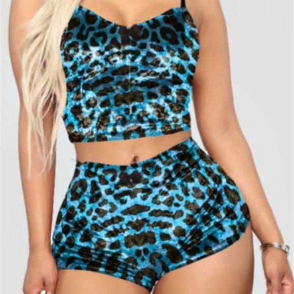 Callie Velour Teal Blue Holiday Cheetah Print Lingerie Loungewear Set