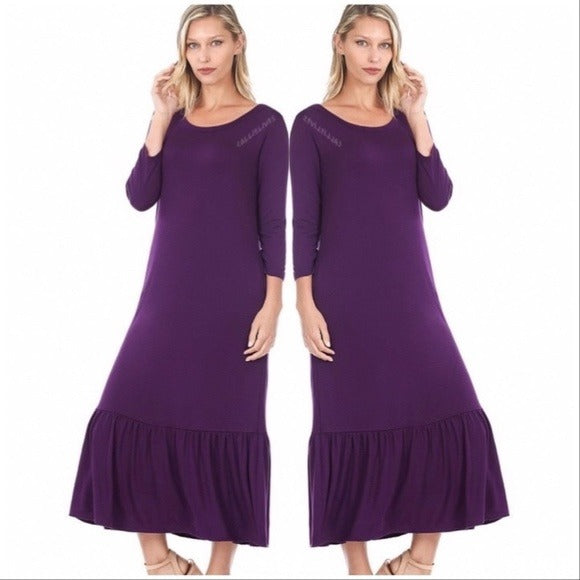 WHOLESALE 3 PACK: Elaine Ruffle: Purple Midi Work Dress w Pockets