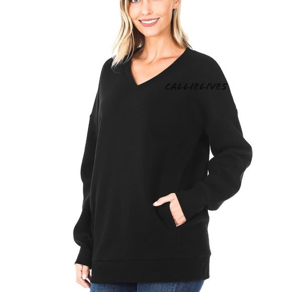 Wholesale 3Pack: Miz Black: Pockets Cozy Pullover VNeck Sweatshirt