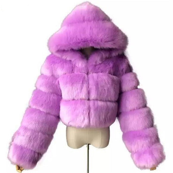 Stasia Rainbow: Plus Size Fuzzy Faux Fur Cropped Winter Puffer Jackets