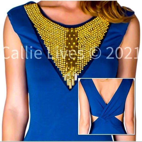 Wholesale: 3 Pack: Callie Beaded: Gold Pearl Sapphire Blue Maxi Dress