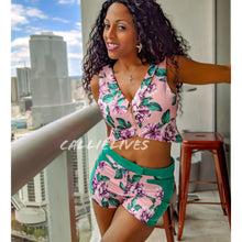 Load image into Gallery viewer, Callie Satin: Floral Print Pink Green Short Set, Sets, CallieLives 
