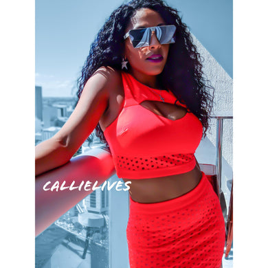Callie Coral: Neon Orange Cropped Scuba Skirt Set, Sets, CallieLives 