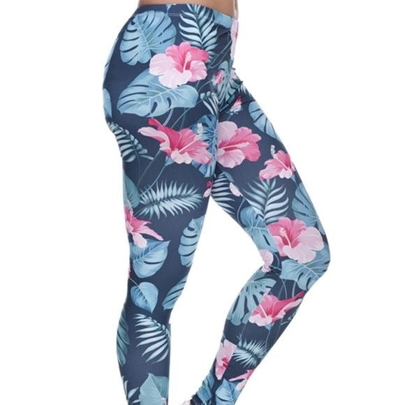 Wholesale 2 Pack: Callie 3D Paradisio: Leggings Floral Plant Graphic Navy & Mint