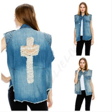 Lade das Bild in den Galerie-Viewer, WHOLESALE 3PK: Callie Christian Cross Stud Denim Jean Jacket Vest
