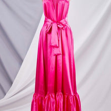 Load image into Gallery viewer, Wholesale 3 Pack: Callie Shining: Boho Chic Magenta Satin Loose Ruffle Hem Cami Strap Maxi Dress
