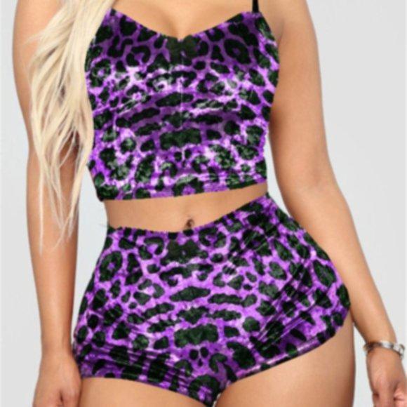 Callie Velour: Purple Holiday Cheetah Print Lingerie Loungewear Set