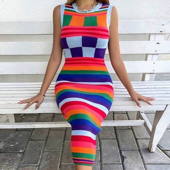 Elaine Rainbow: Stripe Knit Sleeveless Colorblock Sweater Midi Dress LARGE