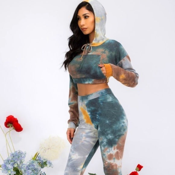 Wholesale 3 Pack: Miz Cropped & Dyed: Kangaroo Pocket Hoodie Jogger Gray Green Mustard Pant Set
