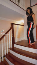 Laden und Abspielen von Videos im Galerie-Viewer, Wholesale 3 Pack: Miz Striped Palazzo: Black Wide Leg Stretch Drawstring Pants w/ Red White
