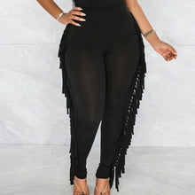 Load image into Gallery viewer, Wholesale 3 Pack: Callie Fringe: Black Bodycon Bodysuit &amp; Fring Stretch Pant Set
