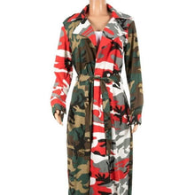 Load image into Gallery viewer, Miz Camo: Multicolor Army Fatigue Open Belted Long Duster Trench Coat L/XL
