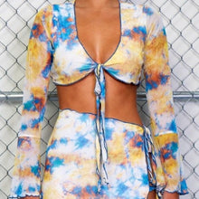 Load image into Gallery viewer, Wholesale 3 Pack: Stasia Sexy Boho: Plunging Tie Dye Front Tied Mesh Halter &amp; Side Tied Skirt Set
