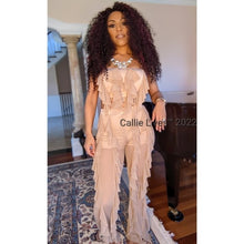 Load image into Gallery viewer, Callie Ruffled in the Nude: Sheer Mesh Strapless Crop Top Bodycon Pant Set M
