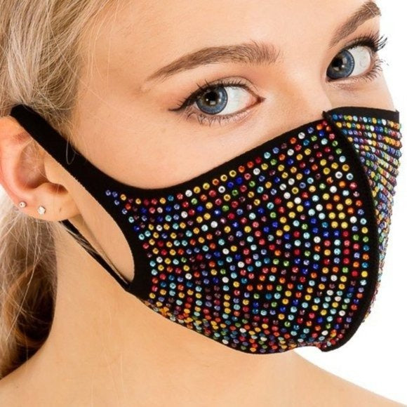 Wholesale 3 Pack: Callie Bling Safety Jewel: Rhinestone Bling Black Gold Multicolor Face Mask
