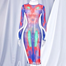 Load image into Gallery viewer, STASIA 3006: Infrared Body 5th Element Mesh Long Sleeve Maxi Dress LARGE

