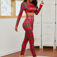 Load image into Gallery viewer, Wholesale 2 Pack: Stasia Berry: Red Plaid 2 Piece Mesh Crop Top Bodycon Skinny Pant Legging Set
