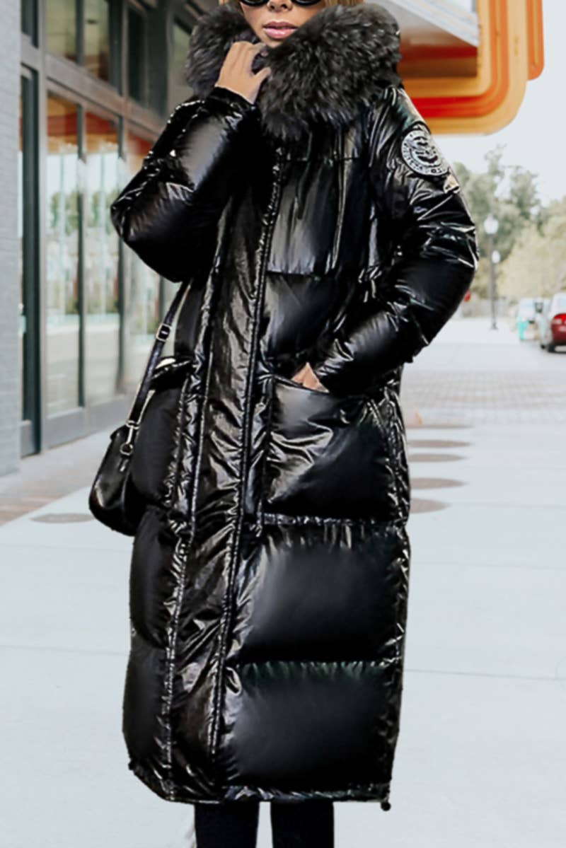 Miz Winter Puffer: PU Shiny Vegan Leather Faux Fur Hood Coat