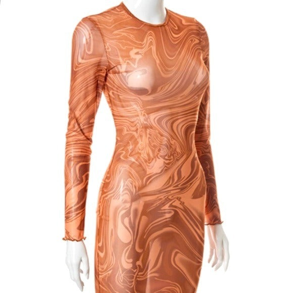 Wholesale 2 Pack: Xena Mocha Swirl: Sheer Mesh Long Sleeve Maxi Coverup Dress