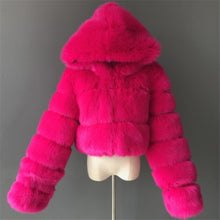 Load image into Gallery viewer, Stasia Rainbow: Fuzzy Faux Fur Cropped Puffer Jackets L XL
