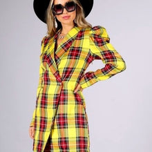Cargar imagen en el visor de la galería, Callie Berry: Sunshine Yellow Puff Sleeve Plaid Oversized Blazer Dress
