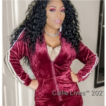 Load image into Gallery viewer, Wholesale 3 Pack: Miz Plush: Velour Side Stripe Legging Hooded Tracksuit Set in Cranberry
