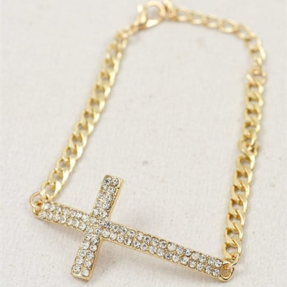 Wholesale 2Pack: Callie Cross: For the Love of Christ Rhinestone Bling Cross Gold Link Bracelet