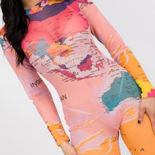 Carica l&#39;immagine nel visualizzatore di Gallery, Wholesale 3Pack: Stasia Global Rainbow Mesh See-thru Blush Pink World Map Zip-Up Romper Jumpsuit
