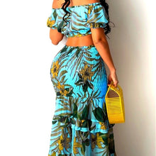 Load image into Gallery viewer, Callie Smocked: BLUE Chiffon Off Shoulder Crop Top Mermaid Maxi Skirt Set

