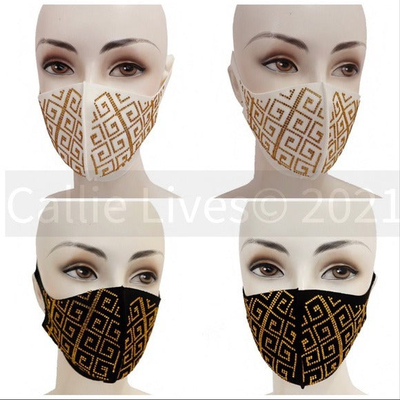 Wholesale 4 Pack: Callie Greek: Gold Meander Rhinestone Face Masks