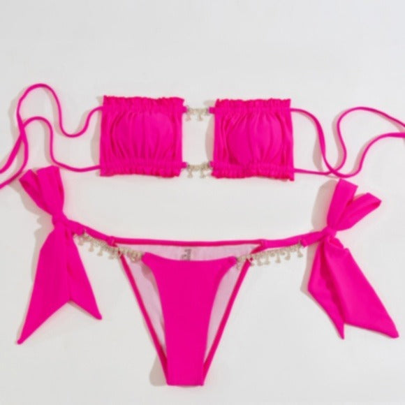 Wholesale 3 Pack: Stasia Booblicious Hot Pink Dangling Rhinestone Charm String Bikini