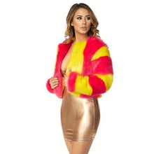 Load image into Gallery viewer, Stasia Striped: Pink &amp; Yellow Faux Fur Blazer Medium
