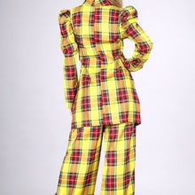 Cargar imagen en el visor de la galería, Callie Berry: Sunshine Yellow Puff Sleeve Plaid Oversized Blazer Palazzo Suit
