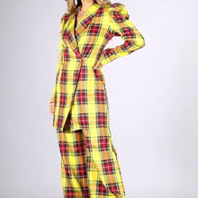 Charger l&#39;image dans la galerie, Callie Berry: Sunshine Yellow Puff Sleeve Plaid Oversized Blazer Palazzo Suit
