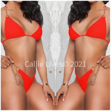 Load image into Gallery viewer, Xena Ruched: Red &amp; Black Hot Tamale Gold Chain Tiny Bikini
