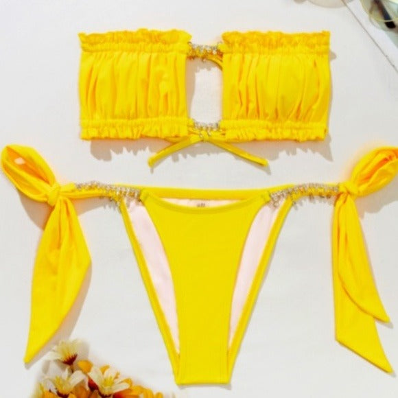 Wholesale 3 Pack: Stasia Booblicious Bold Yellow Dangling Rhinestone Charm String Bikini
