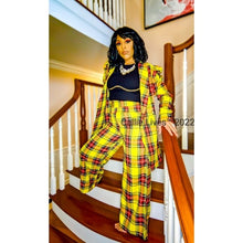 Load image into Gallery viewer, Wholesale 2Pack: Callie Berry: Sunshine Yellow Puff Sleeve Plaid Oversized Blazer Palazzo Suit
