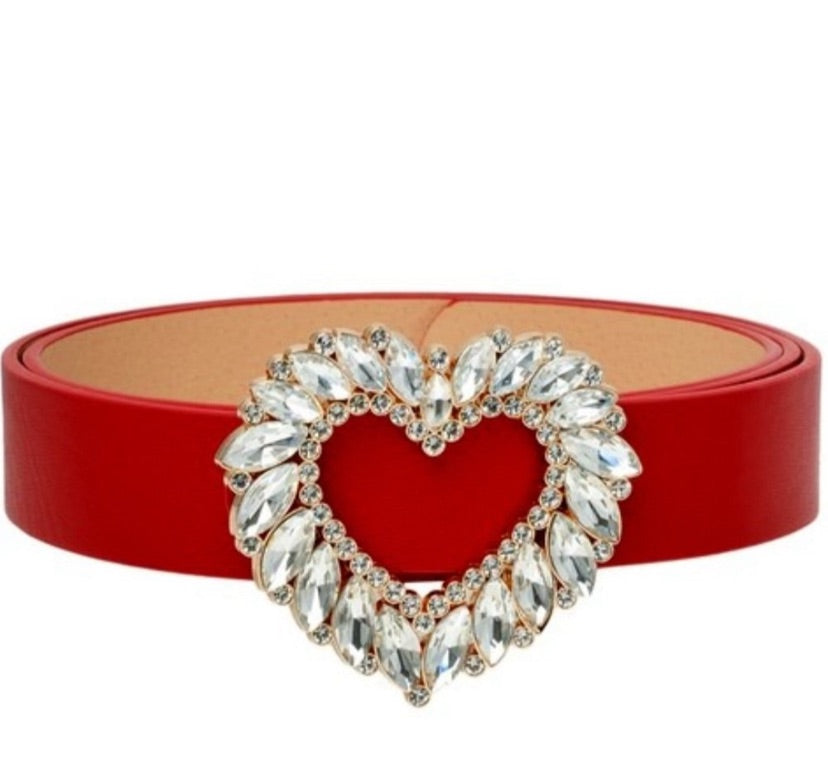 Wholesale 3 PK: Callie Queen of Hearts: Beveled Rhinestone Red Black & Cream Vegan Leather Belts