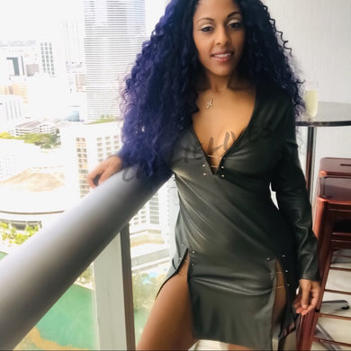 Xena Gold Bar: Green Vegan Leather High Slit Dress, Dresses, CallieLives 