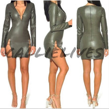 Load image into Gallery viewer, Xena Gold Bar: Green Vegan Leather High Slit Dress, Dresses, CallieLives 
