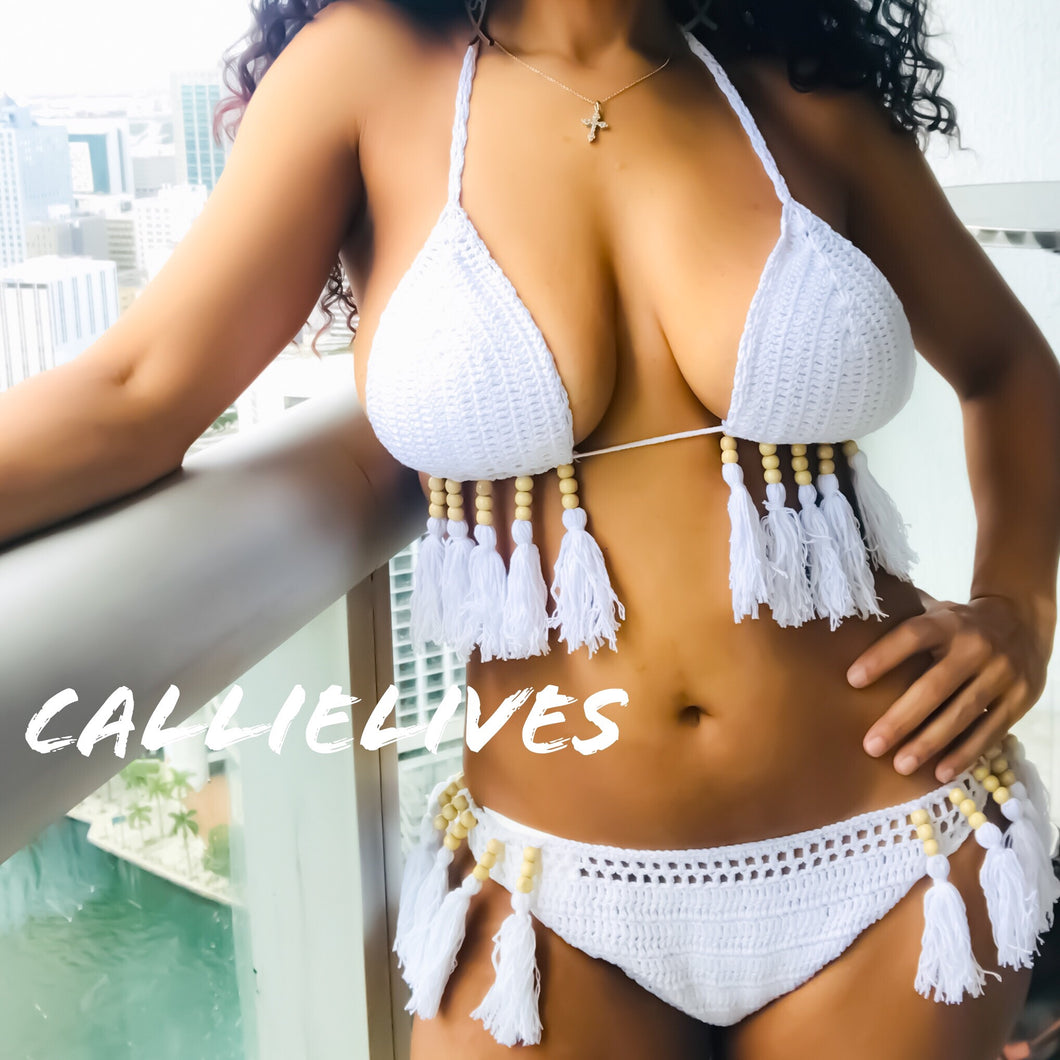 Callie Crochet: White Sand Beaded Boho Bikini, Swimwear, CallieLives 